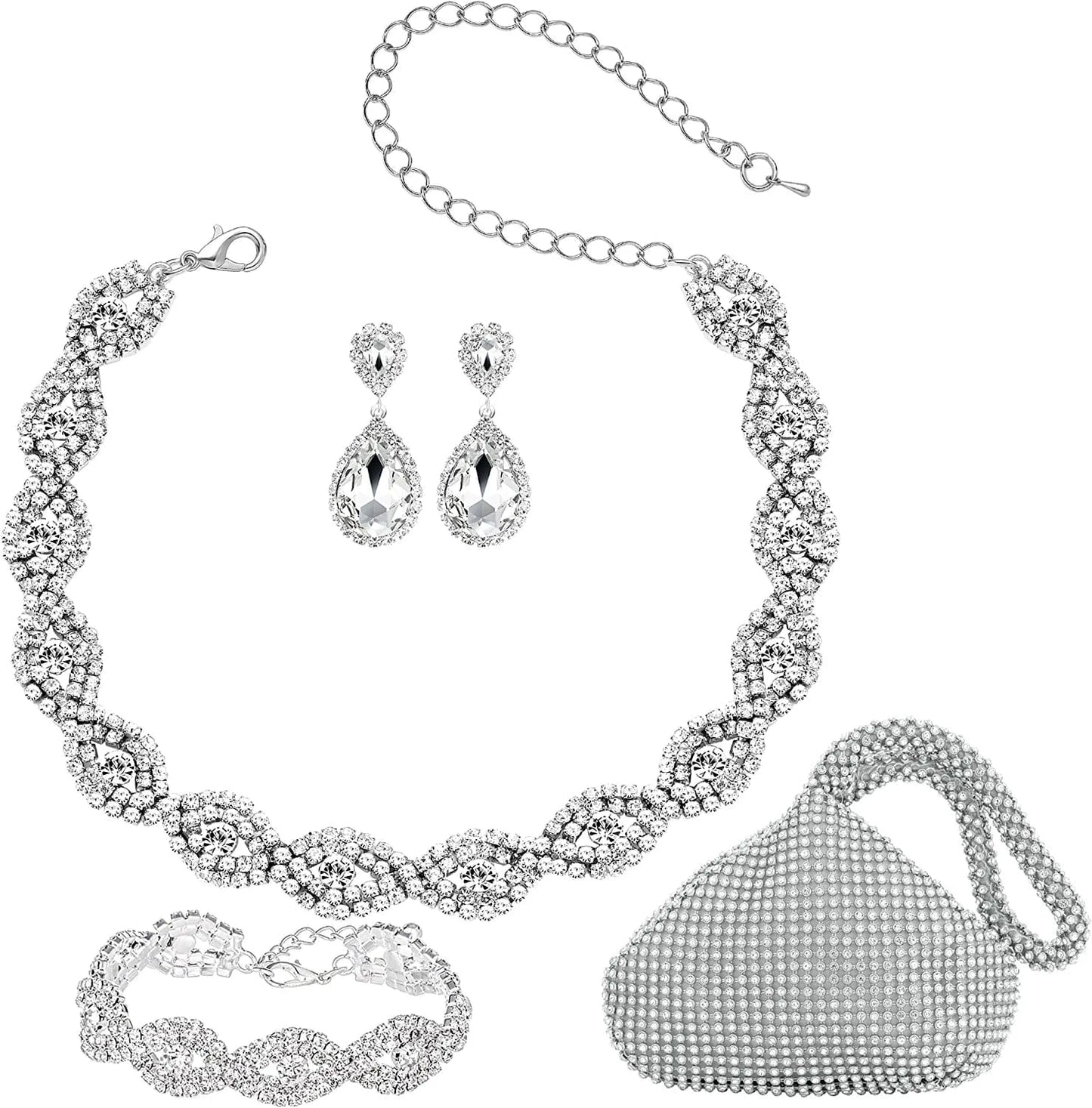 3/4 Pieces Women'S Jewelry Sets Rhinestone Crystal Bridal Tiara Crown Choker Necklace Link Bangle Bracelet Teardrop Dangle Earrings Set and Rhinestone Handbag for Wedding Party Silver Plated Rhinestone Handbag Crystal Necklace Bracelet Earrings