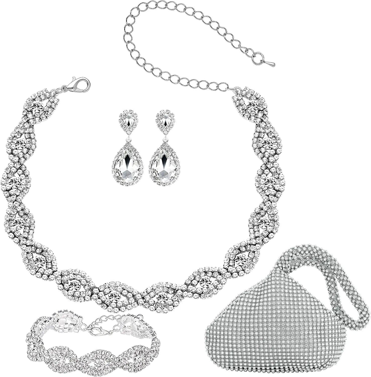 3/4 Pieces Women'S Jewelry Sets Rhinestone Crystal Bridal Tiara Crown Choker Necklace Link Bangle Bracelet Teardrop Dangle Earrings Set and Rhinestone Handbag for Wedding Party Silver Plated Rhinestone Handbag Crystal Necklace Bracelet Earrings