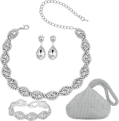 3/4 Pieces Women'S Jewelry Sets Rhinestone Crystal Bridal Tiara Crown Choker Necklace Link Bangle Bracelet Teardrop Dangle Earrings Set and Rhinestone Handbag for Wedding Party Silver Plated Rhinestone Handbag Crystal Necklace Bracelet Earrings