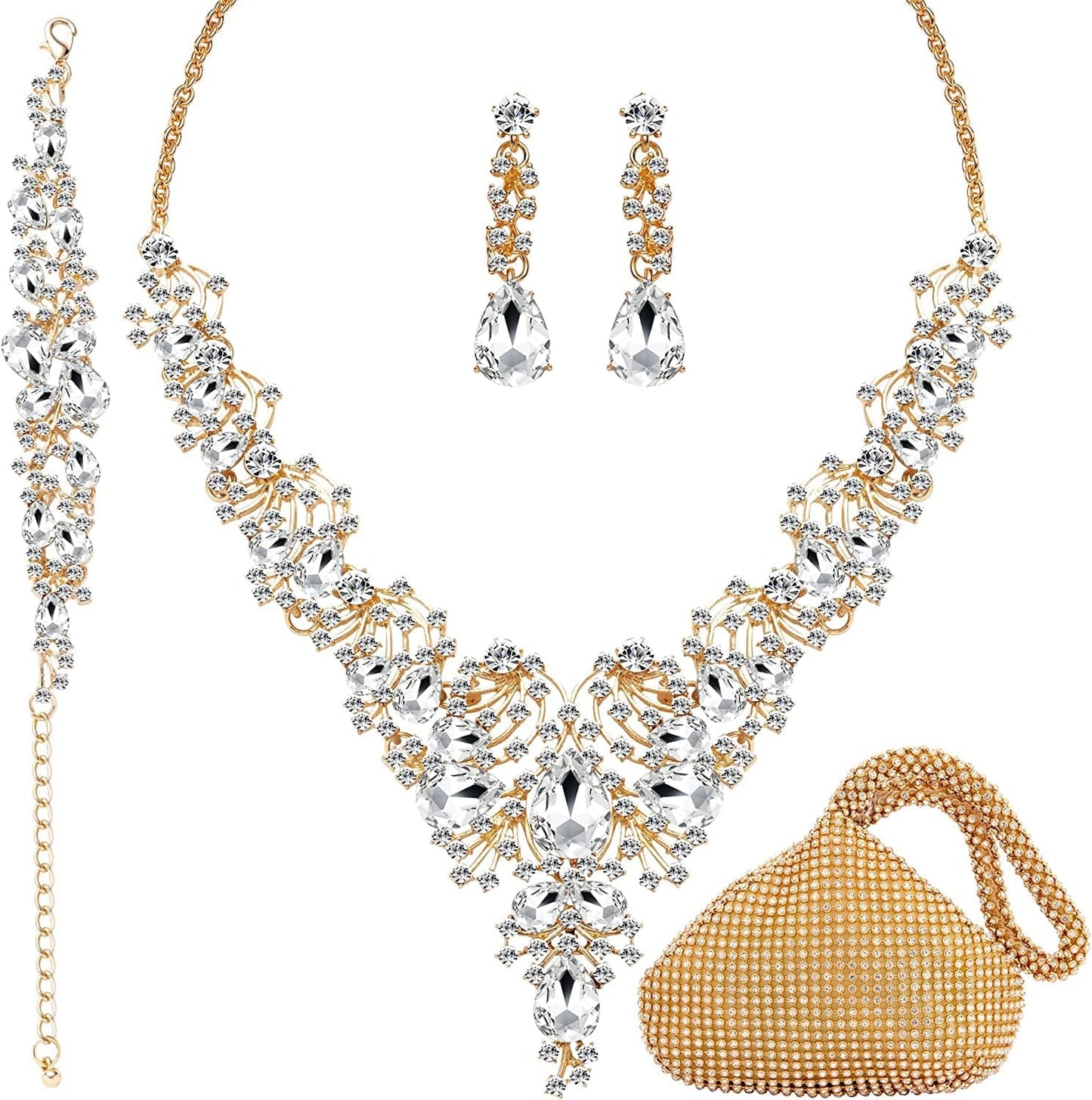 3/4 Pieces Women'S Jewelry Sets Rhinestone Crystal Bridal Tiara Crown Choker Necklace Link Bangle Bracelet Teardrop Dangle Earrings Set and Rhinestone Handbag for Wedding Party A-Gold Plated White Rhinestone Crystal Necklace Bracelet Earrings Handbag