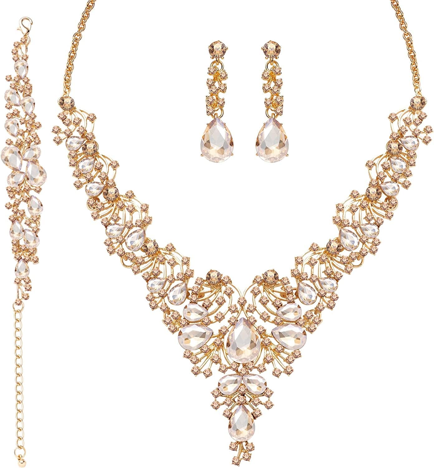 3/4 Pieces Women'S Jewelry Sets Rhinestone Crystal Bridal Tiara Crown Choker Necklace Link Bangle Bracelet Teardrop Dangle Earrings Set and Rhinestone Handbag for Wedding Party A-Gold Plated Champagne Rhinestone Crystal Necklace Bracelet Earrings