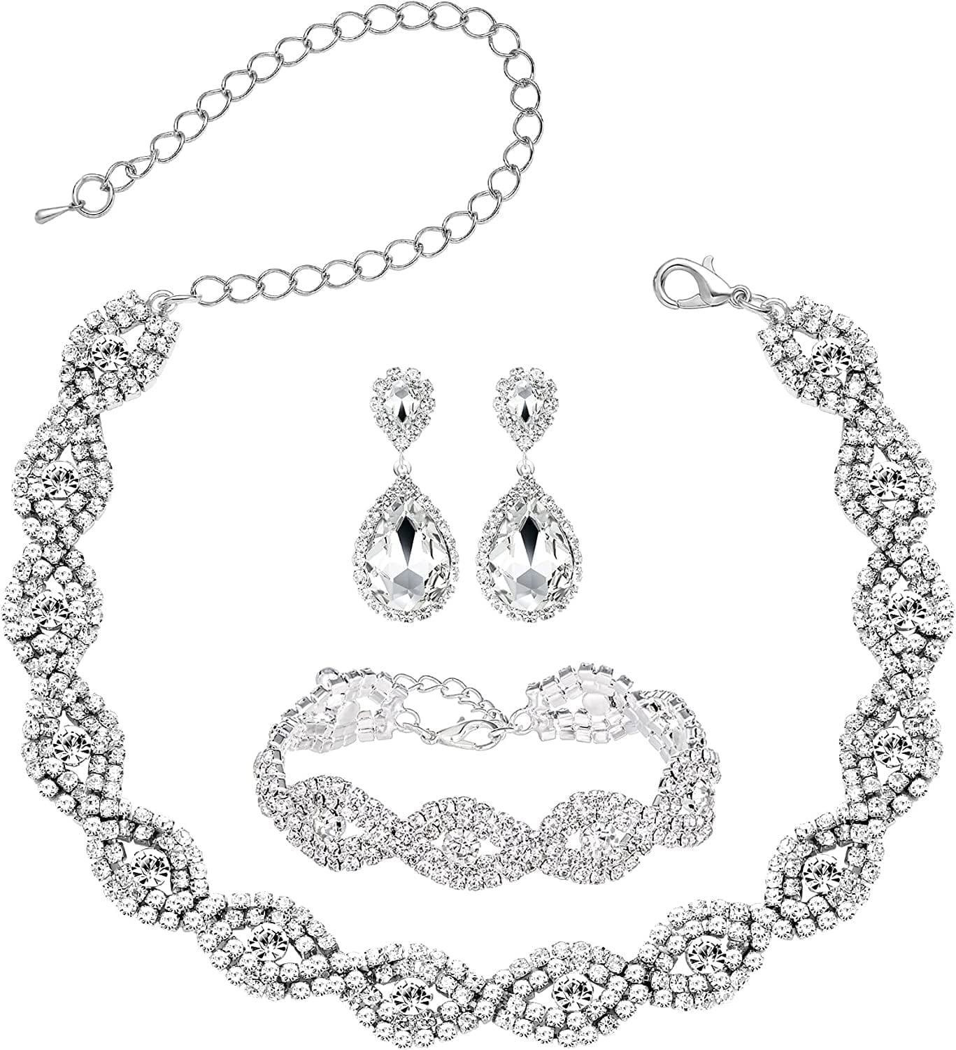 3/4 Pieces Women'S Jewelry Sets Rhinestone Crystal Bridal Tiara Crown Choker Necklace Link Bangle Bracelet Teardrop Dangle Earrings Set and Rhinestone Handbag for Wedding Party Silver Plated White Crystal Necklace Earrings Bracelet