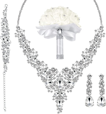 3/4 Pieces Women'S Jewelry Sets Rhinestone Crystal Bridal Tiara Crown Choker Necklace Link Bangle Bracelet Teardrop Dangle Earrings Set and Rhinestone Handbag for Wedding Party A-Silver Plated White Rhinestone Crystal Necklace Bracelet Earrings Bouquet