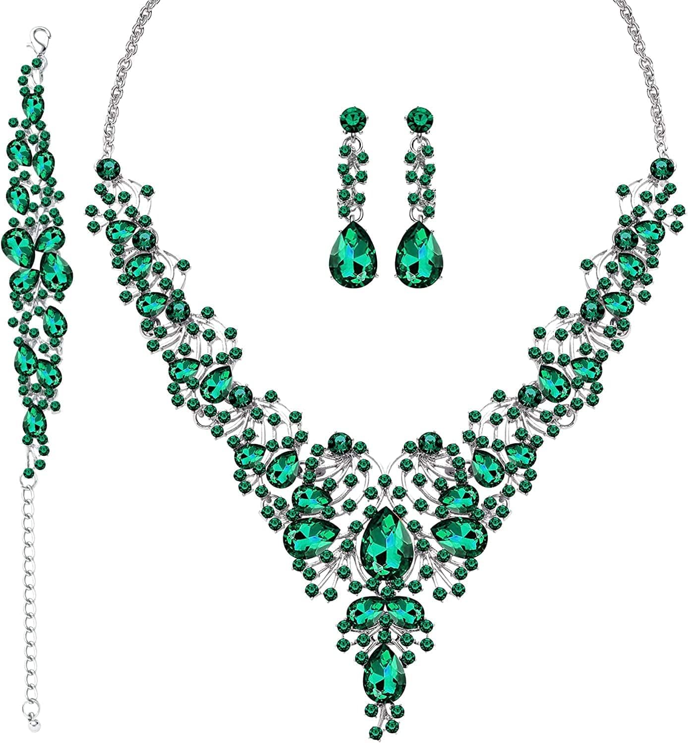 3/4 Pieces Women'S Jewelry Sets Rhinestone Crystal Bridal Tiara Crown Choker Necklace Link Bangle Bracelet Teardrop Dangle Earrings Set and Rhinestone Handbag for Wedding Party A-Silver Plated Green Rhinestone Crystal Necklace Bracelet Earrings