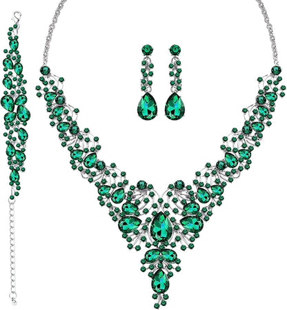 3/4 Pieces Women'S Jewelry Sets Rhinestone Crystal Bridal Tiara Crown Choker Necklace Link Bangle Bracelet Teardrop Dangle Earrings Set and Rhinestone Handbag for Wedding Party A-Silver Plated Green Rhinestone Crystal Necklace Bracelet Earrings