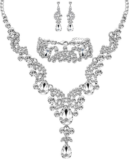 3/4 Pieces Women'S Jewelry Sets Rhinestone Crystal Bridal Tiara Crown Choker Necklace Link Bangle Bracelet Teardrop Dangle Earrings Set and Rhinestone Handbag for Wedding Party Silver Plated Necklace Bracelet Earrings set