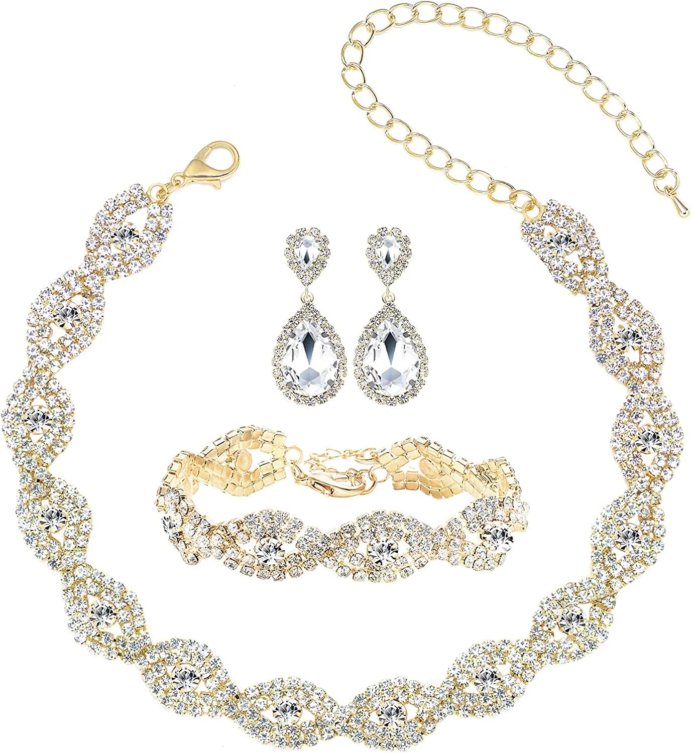 3/4 Pieces Women'S Jewelry Sets Rhinestone Crystal Bridal Tiara Crown Choker Necklace Link Bangle Bracelet Teardrop Dangle Earrings Set and Rhinestone Handbag for Wedding Party Gold Plated White Crystal Necklace Bracelet Earrings