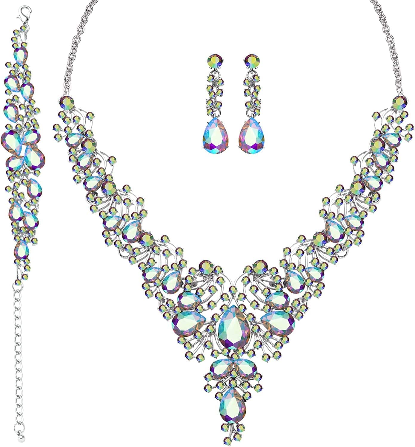 3/4 Pieces Women'S Jewelry Sets Rhinestone Crystal Bridal Tiara Crown Choker Necklace Link Bangle Bracelet Teardrop Dangle Earrings Set and Rhinestone Handbag for Wedding Party A-Silver Plated White AB Rhinestone Crystal Necklace Bracelet Earrings