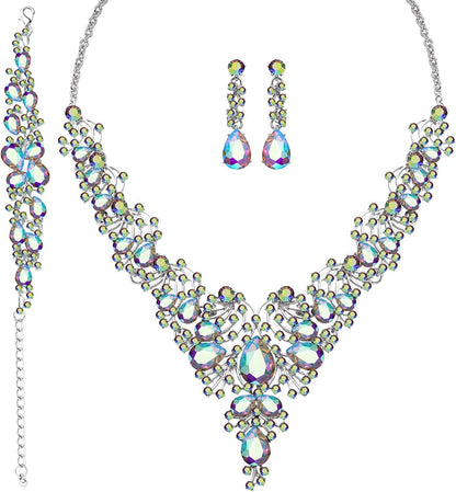 3/4 Pieces Women'S Jewelry Sets Rhinestone Crystal Bridal Tiara Crown Choker Necklace Link Bangle Bracelet Teardrop Dangle Earrings Set and Rhinestone Handbag for Wedding Party A-Silver Plated White AB Rhinestone Crystal Necklace Bracelet Earrings