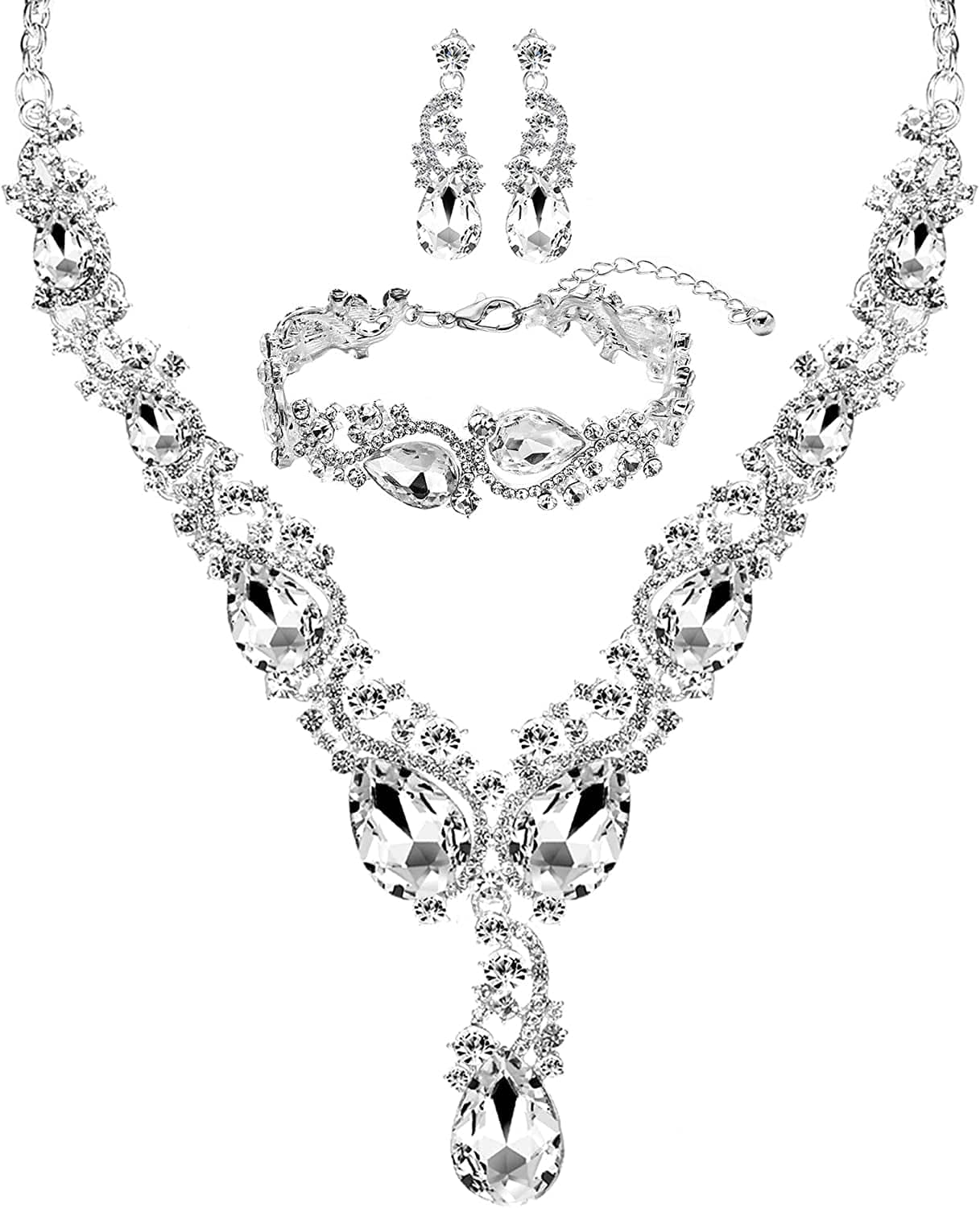 3/4 Pieces Women'S Jewelry Sets Rhinestone Crystal Bridal Tiara Crown Choker Necklace Link Bangle Bracelet Teardrop Dangle Earrings Set and Rhinestone Handbag for Wedding Party Silver Plated Necklace Bracelet Earrings