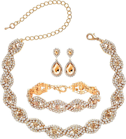 3/4 Pieces Women'S Jewelry Sets Rhinestone Crystal Bridal Tiara Crown Choker Necklace Link Bangle Bracelet Teardrop Dangle Earrings Set and Rhinestone Handbag for Wedding Party Gold Plated Rhinestone Champagne Crystal Necklace Bracelet Earrings