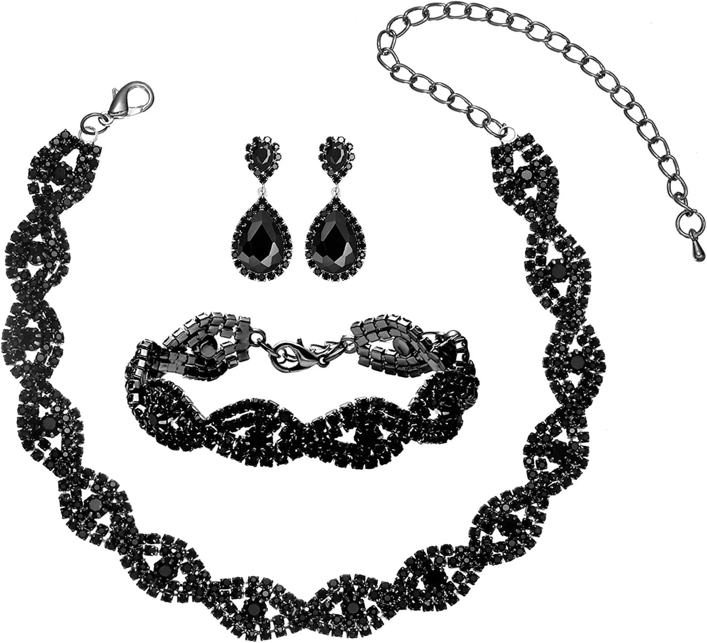 3/4 Pieces Women'S Jewelry Sets Rhinestone Crystal Bridal Tiara Crown Choker Necklace Link Bangle Bracelet Teardrop Dangle Earrings Set and Rhinestone Handbag for Wedding Party Gun black Plated Black Crystal Necklace Earrings Bracelet