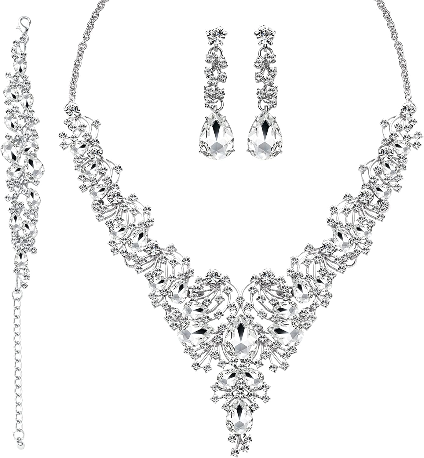 3/4 Pieces Women'S Jewelry Sets Rhinestone Crystal Bridal Tiara Crown Choker Necklace Link Bangle Bracelet Teardrop Dangle Earrings Set and Rhinestone Handbag for Wedding Party A-Silver Plated White Rhinestone Crystal Necklace Bracelet Earrings