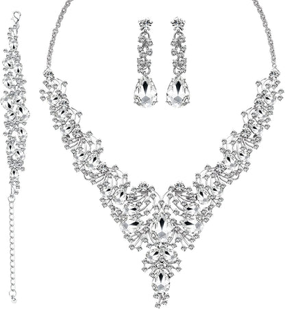 3/4 Pieces Women'S Jewelry Sets Rhinestone Crystal Bridal Tiara Crown Choker Necklace Link Bangle Bracelet Teardrop Dangle Earrings Set and Rhinestone Handbag for Wedding Party A-Silver Plated White Rhinestone Crystal Necklace Bracelet Earrings