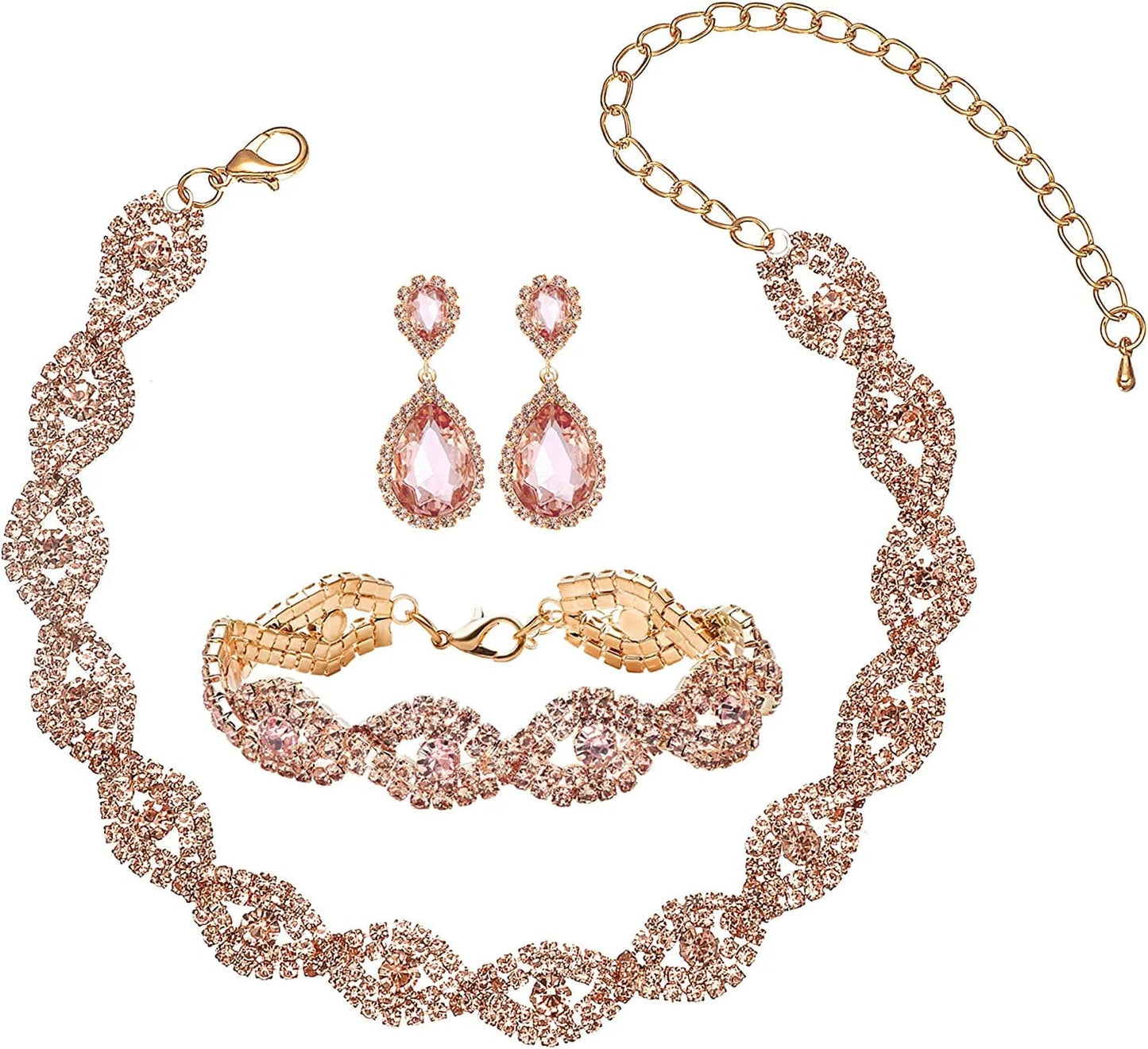 3/4 Pieces Women'S Jewelry Sets Rhinestone Crystal Bridal Tiara Crown Choker Necklace Link Bangle Bracelet Teardrop Dangle Earrings Set and Rhinestone Handbag for Wedding Party Gold Plated Peach Crystal Necklace Bracelet Earrings