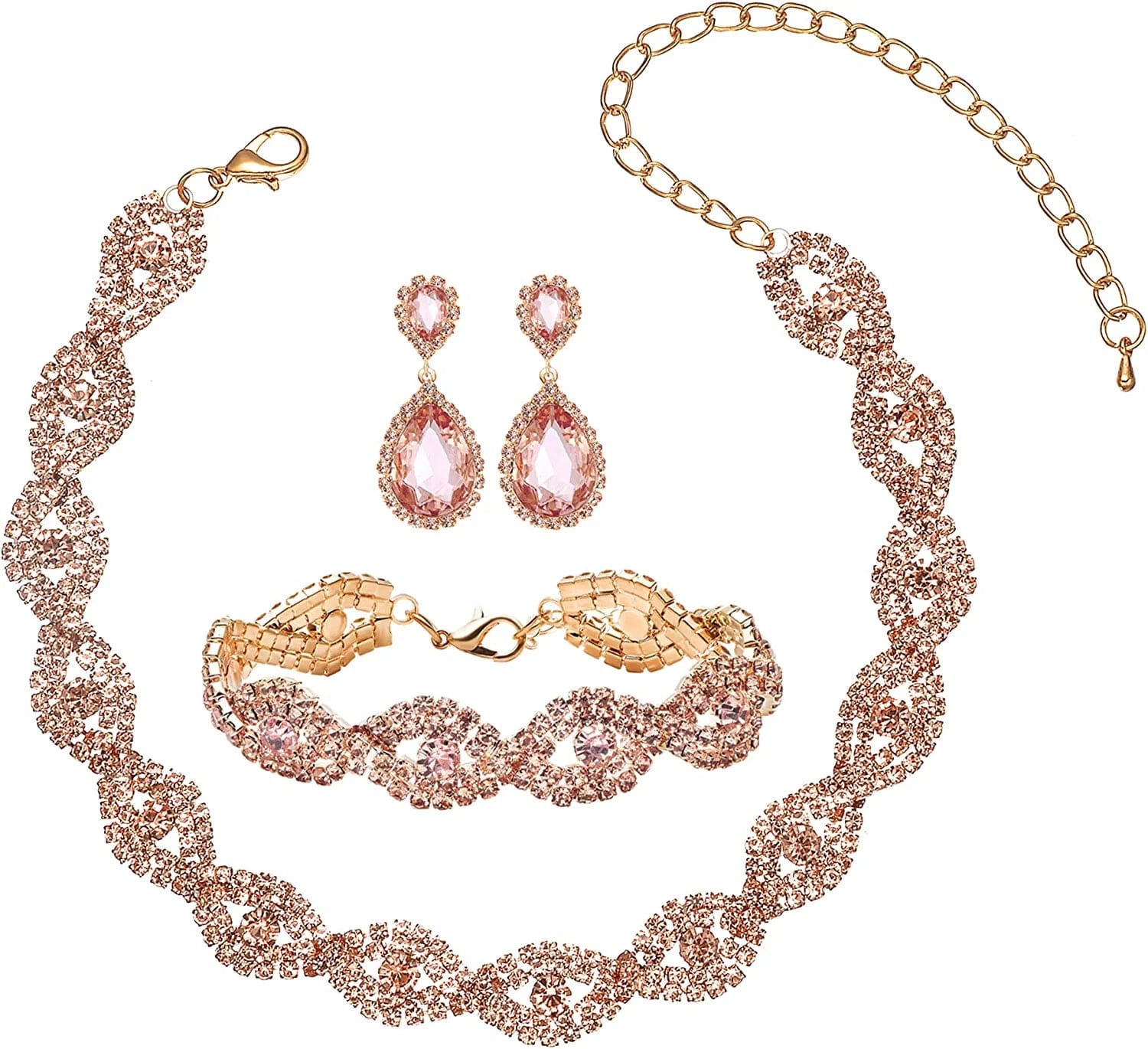 3/4 Pieces Women'S Jewelry Sets Rhinestone Crystal Bridal Tiara Crown Choker Necklace Link Bangle Bracelet Teardrop Dangle Earrings Set and Rhinestone Handbag for Wedding Party Gold Plated Peach Crystal Necklace Bracelet Earrings