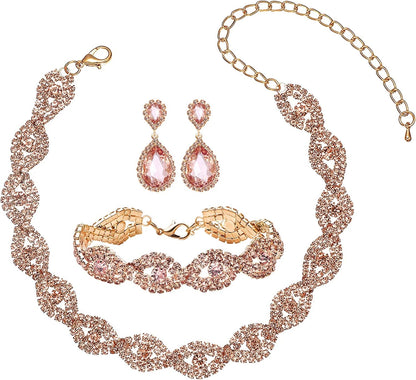 3/4 Pieces Women'S Jewelry Sets Rhinestone Crystal Bridal Tiara Crown Choker Necklace Link Bangle Bracelet Teardrop Dangle Earrings Set and Rhinestone Handbag for Wedding Party Gold Plated Peach Crystal Necklace Bracelet Earrings