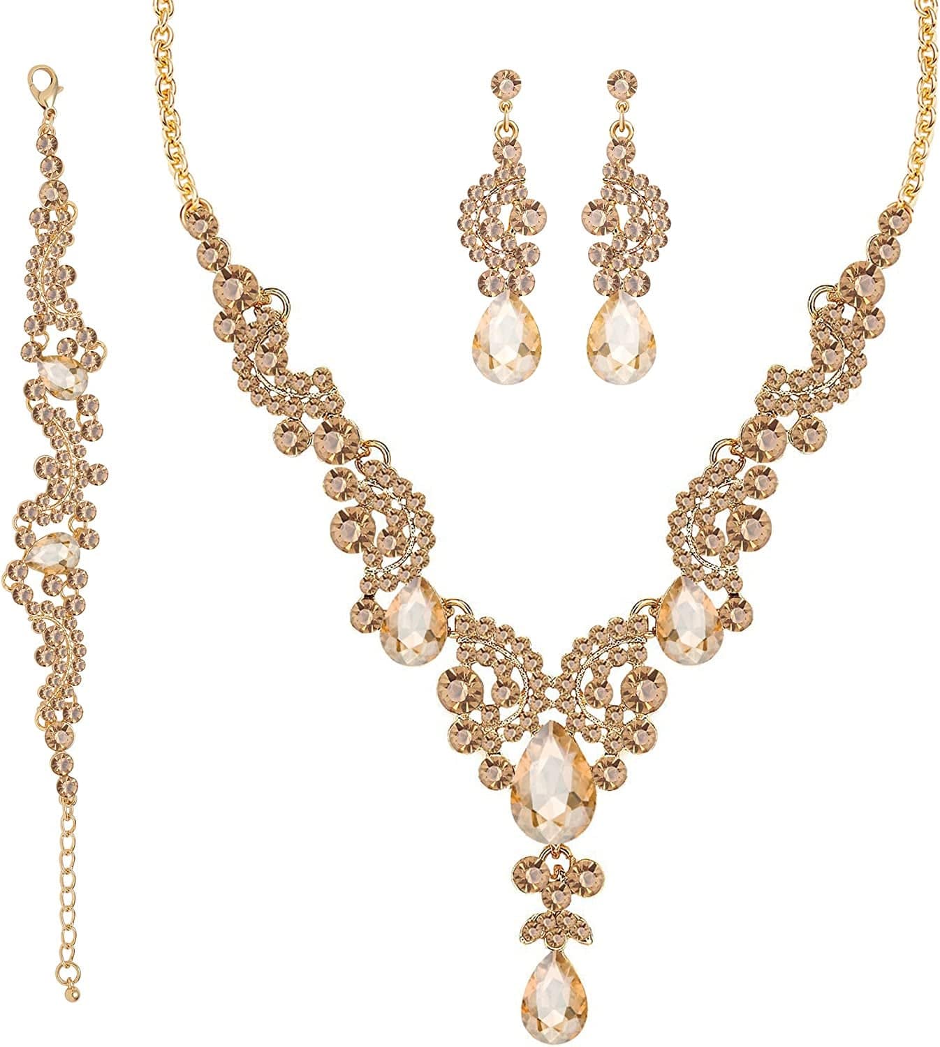 3/4 Pieces Women'S Jewelry Sets Rhinestone Crystal Bridal Tiara Crown Choker Necklace Link Bangle Bracelet Teardrop Dangle Earrings Set and Rhinestone Handbag for Wedding Party Gold Plated Champagne Necklace Bracelet Earrings
