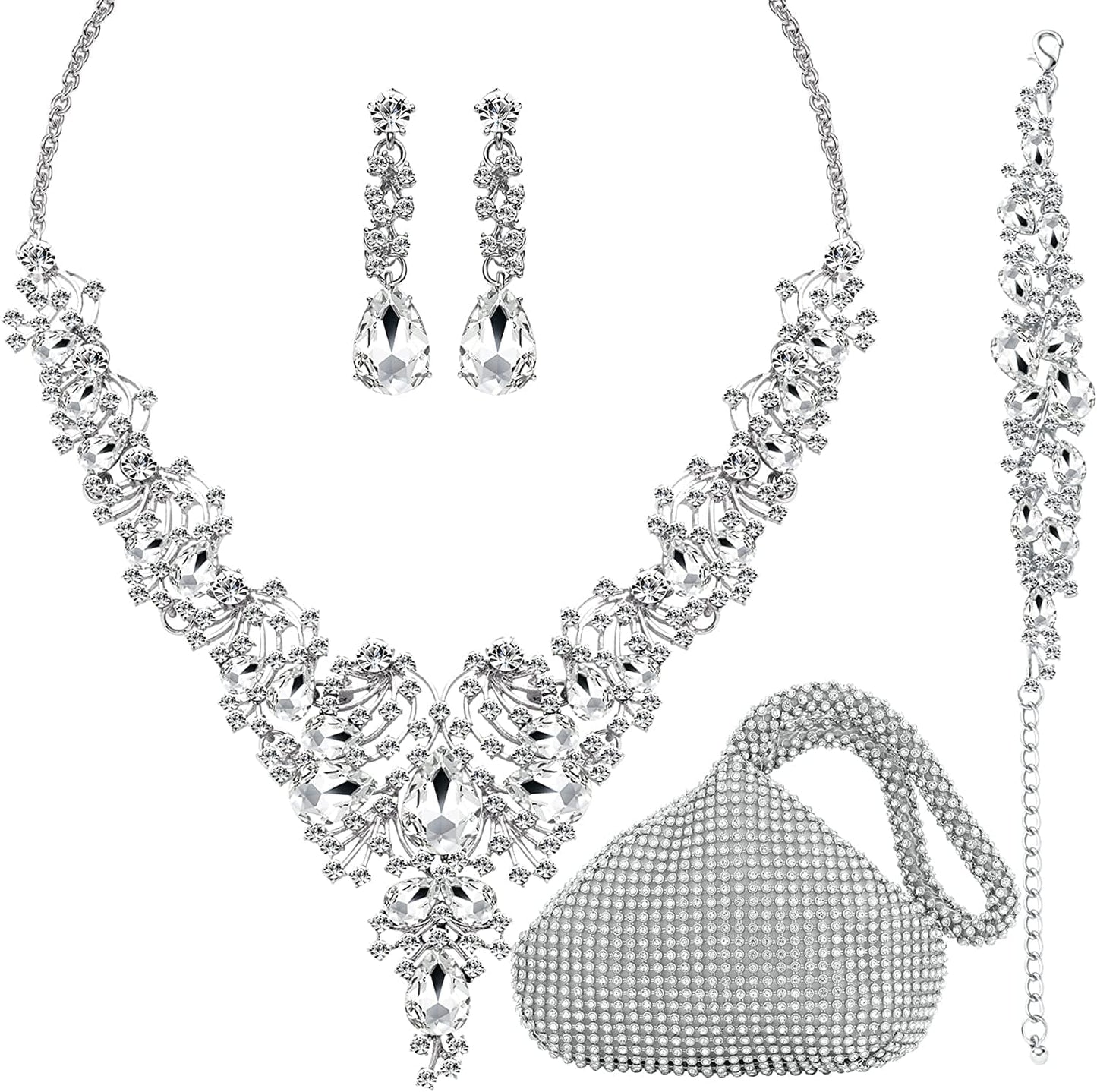 3/4 Pieces Women'S Jewelry Sets Rhinestone Crystal Bridal Tiara Crown Choker Necklace Link Bangle Bracelet Teardrop Dangle Earrings Set and Rhinestone Handbag for Wedding Party A-Silver Plated White Rhinestone Crystal Necklace Bracelet Earrings Handbag