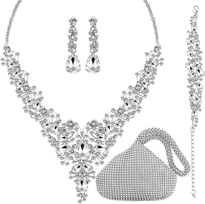 3/4 Pieces Women'S Jewelry Sets Rhinestone Crystal Bridal Tiara Crown Choker Necklace Link Bangle Bracelet Teardrop Dangle Earrings Set and Rhinestone Handbag for Wedding Party A-Silver Plated White Rhinestone Crystal Necklace Bracelet Earrings Handbag
