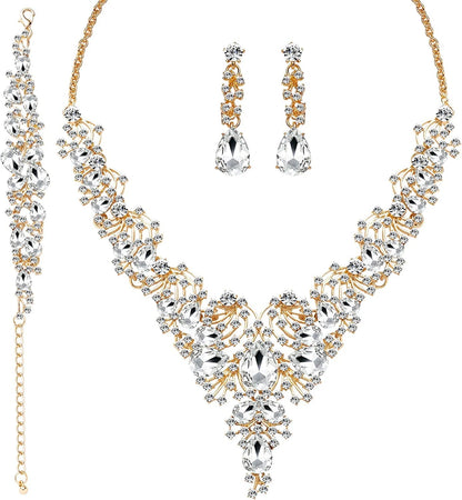 3/4 Pieces Women'S Jewelry Sets Rhinestone Crystal Bridal Tiara Crown Choker Necklace Link Bangle Bracelet Teardrop Dangle Earrings Set and Rhinestone Handbag for Wedding Party A-Gold Plated White Rhinestone Crystal Necklace Bracelet Earrings