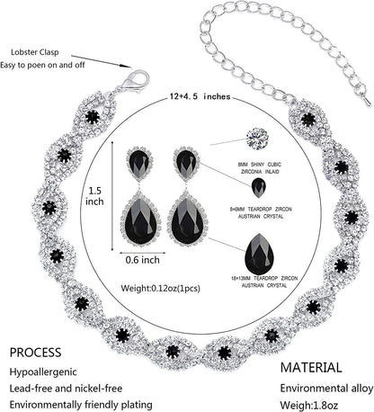 3/4 Pieces Women'S Jewelry Sets Rhinestone Crystal Bridal Tiara Crown Choker Necklace Link Bangle Bracelet Teardrop Dangle Earrings Set and Rhinestone Handbag for Wedding Party