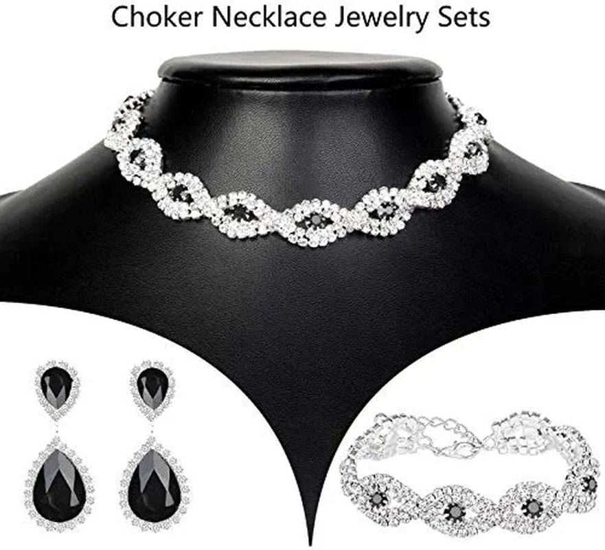 3/4 Pieces Women'S Jewelry Sets Rhinestone Crystal Bridal Tiara Crown Choker Necklace Link Bangle Bracelet Teardrop Dangle Earrings Set and Rhinestone Handbag for Wedding Party