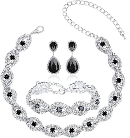 3/4 Pieces Women'S Jewelry Sets Rhinestone Crystal Bridal Tiara Crown Choker Necklace Link Bangle Bracelet Teardrop Dangle Earrings Set and Rhinestone Handbag for Wedding Party Silver:Bracelet+Choker Necklace+Earrings set