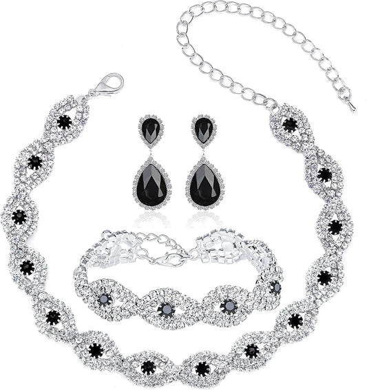 3/4 Pieces Women'S Jewelry Sets Rhinestone Crystal Bridal Tiara Crown Choker Necklace Link Bangle Bracelet Teardrop Dangle Earrings Set and Rhinestone Handbag for Wedding Party Silver:Bracelet+Choker Necklace+Earrings set