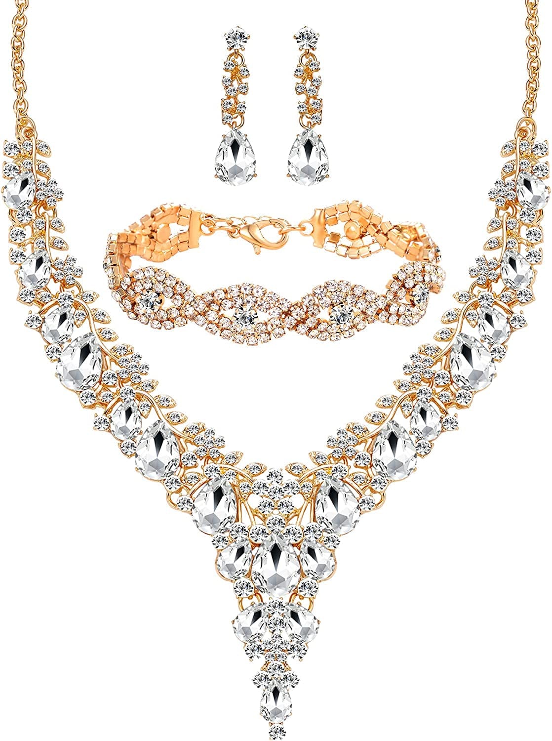 3/4 Pieces Women Wedding Bridal Crystal Tiara Crown Teardrop Statement Necklace Link Bracelet Dangle Earrings Rhinestone Handbag Jewelry Set for Women Girls Gold Plated White Rhinestone Crystal Necklace Bracelet Earrings