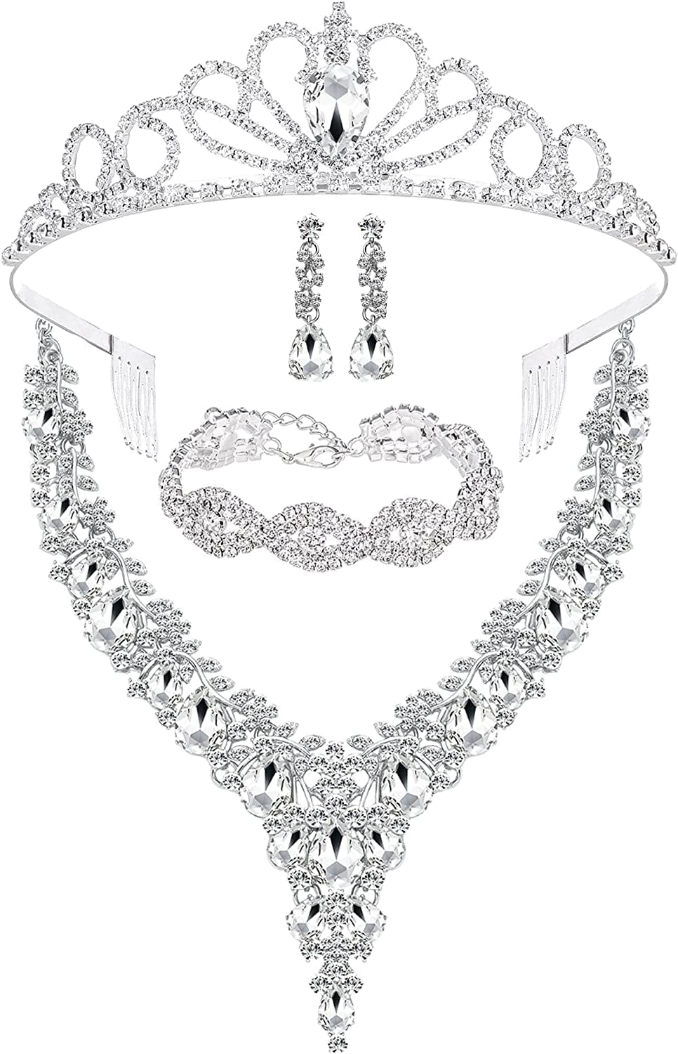 3/4 Pieces Women Wedding Bridal Crystal Tiara Crown Teardrop Statement Necklace Link Bracelet Dangle Earrings Rhinestone Handbag Jewelry Set for Women Girls Silver Plating Tiara Crown Necklace Bracelet Earrings