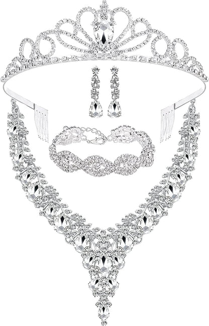 3/4 Pieces Women Wedding Bridal Crystal Tiara Crown Teardrop Statement Necklace Link Bracelet Dangle Earrings Rhinestone Handbag Jewelry Set for Women Girls Silver Plating Tiara Crown Necklace Bracelet Earrings