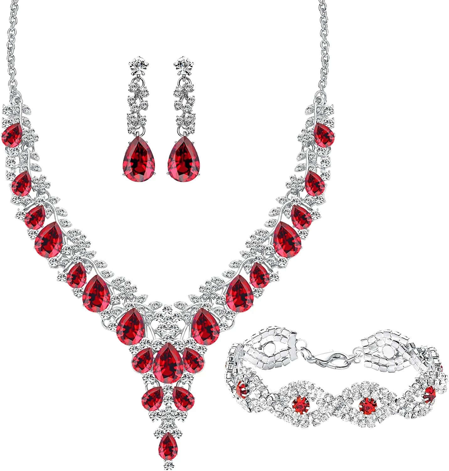 3/4 Pieces Women Wedding Bridal Crystal Tiara Crown Teardrop Statement Necklace Link Bracelet Dangle Earrings Rhinestone Handbag Jewelry Set for Women Girls Silver Plated White Rhinestone Red Crystal Necklace Bracelet Earrings