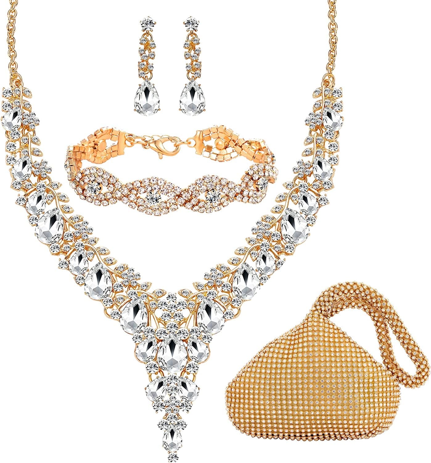 3/4 Pieces Women Wedding Bridal Crystal Tiara Crown Teardrop Statement Necklace Link Bracelet Dangle Earrings Rhinestone Handbag Jewelry Set for Women Girls Gold Plating Rhinestone Handbag Crystal Necklace Bracelet Earrings