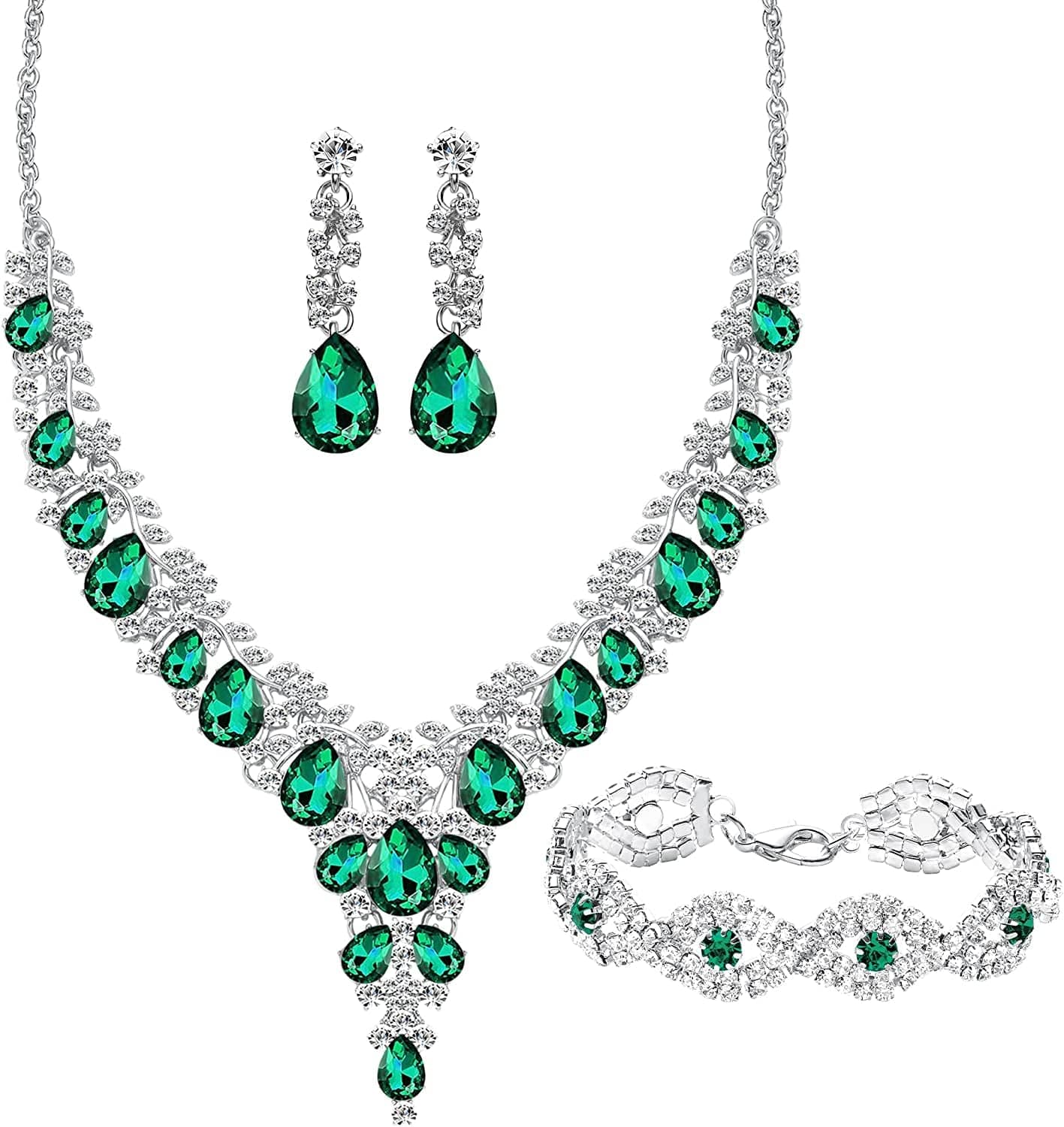 3/4 Pieces Women Wedding Bridal Crystal Tiara Crown Teardrop Statement Necklace Link Bracelet Dangle Earrings Rhinestone Handbag Jewelry Set for Women Girls Silver Plated White Rhinestone Green Crystal Necklace Bracelet Earrings