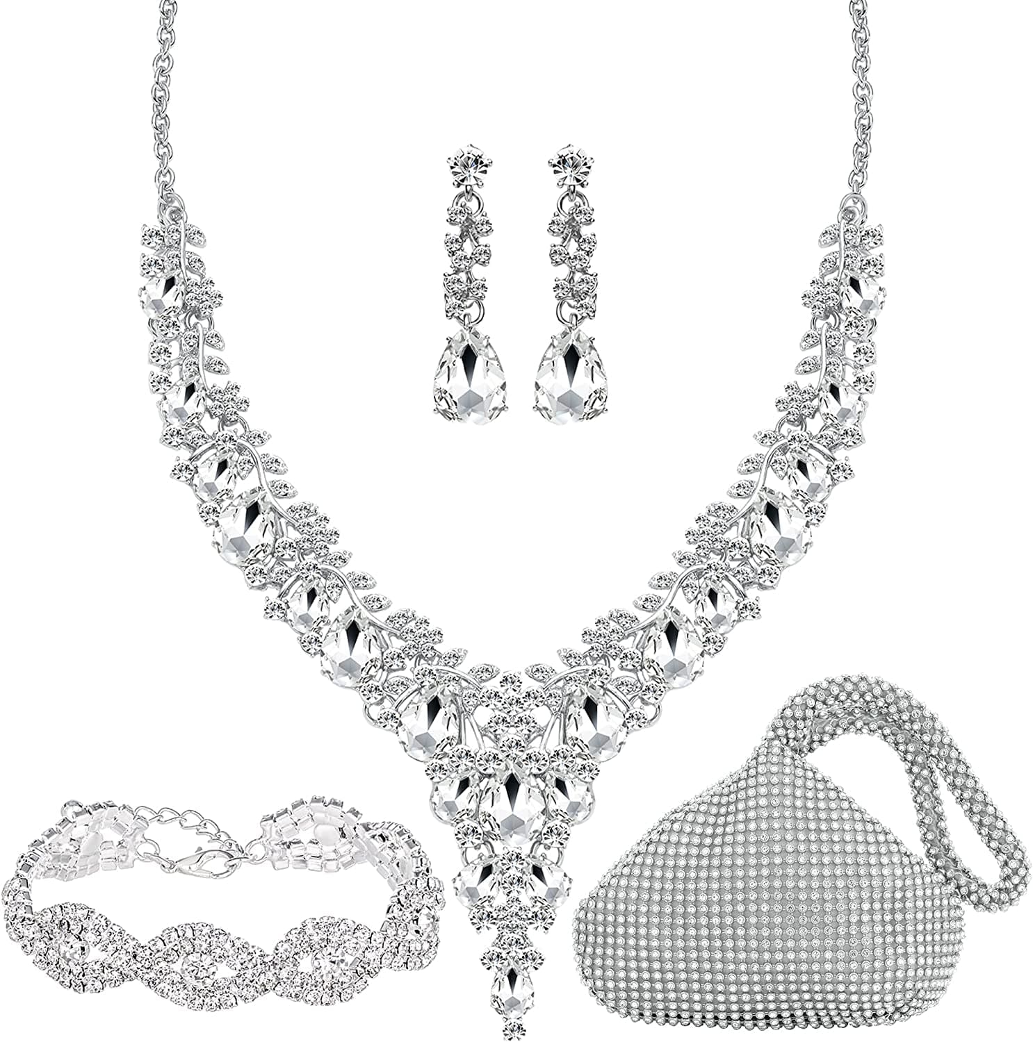 3/4 Pieces Women Wedding Bridal Crystal Tiara Crown Teardrop Statement Necklace Link Bracelet Dangle Earrings Rhinestone Handbag Jewelry Set for Women Girls Silver Plating Rhinestone Handbag Crystal Necklace Bracelet Earrings