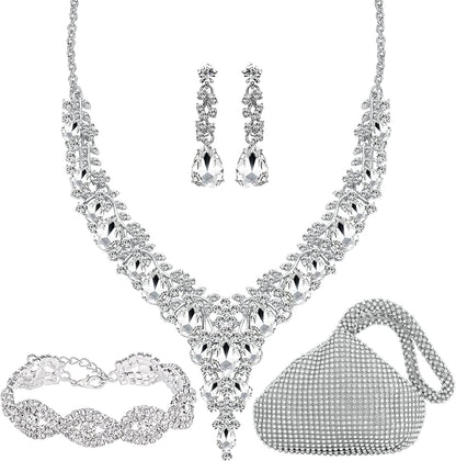 3/4 Pieces Women Wedding Bridal Crystal Tiara Crown Teardrop Statement Necklace Link Bracelet Dangle Earrings Rhinestone Handbag Jewelry Set for Women Girls Silver Plating Rhinestone Handbag Crystal Necklace Bracelet Earrings