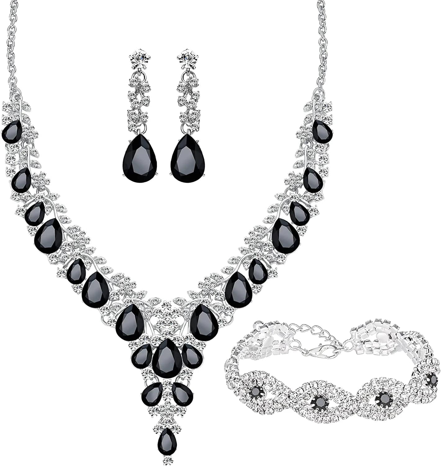 3/4 Pieces Women Wedding Bridal Crystal Tiara Crown Teardrop Statement Necklace Link Bracelet Dangle Earrings Rhinestone Handbag Jewelry Set for Women Girls Silver Plated White Rhinestone Black Crystal Necklace Bracelet Earrings