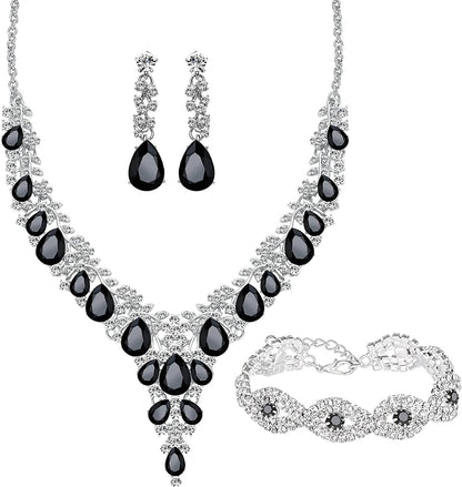 3/4 Pieces Women Wedding Bridal Crystal Tiara Crown Teardrop Statement Necklace Link Bracelet Dangle Earrings Rhinestone Handbag Jewelry Set for Women Girls Silver Plated White Rhinestone Black Crystal Necklace Bracelet Earrings
