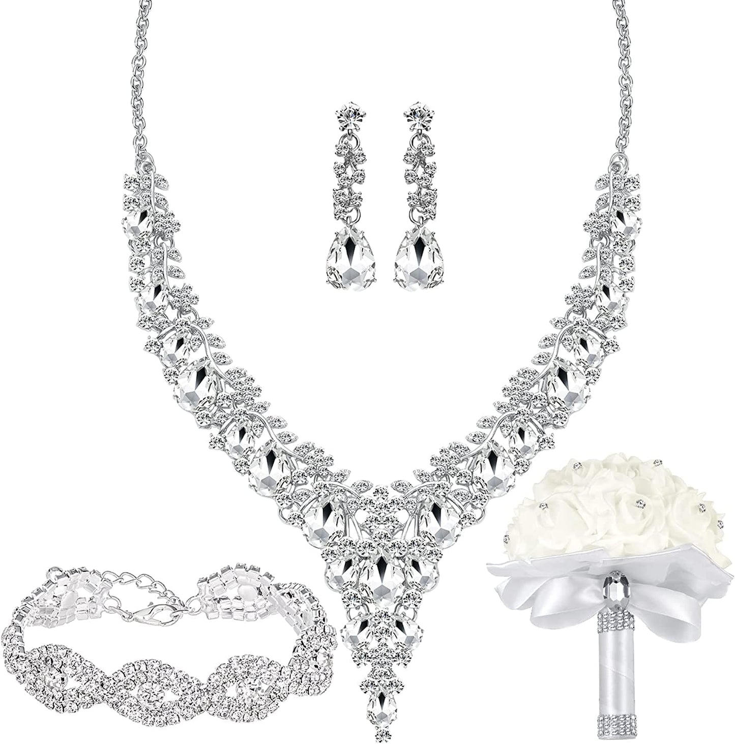 3/4 Pieces Women Wedding Bridal Crystal Tiara Crown Teardrop Statement Necklace Link Bracelet Dangle Earrings Rhinestone Handbag Jewelry Set for Women Girls Silver Plated White Rhinestone Crystal Necklace Bracelet Earrings Bouquet