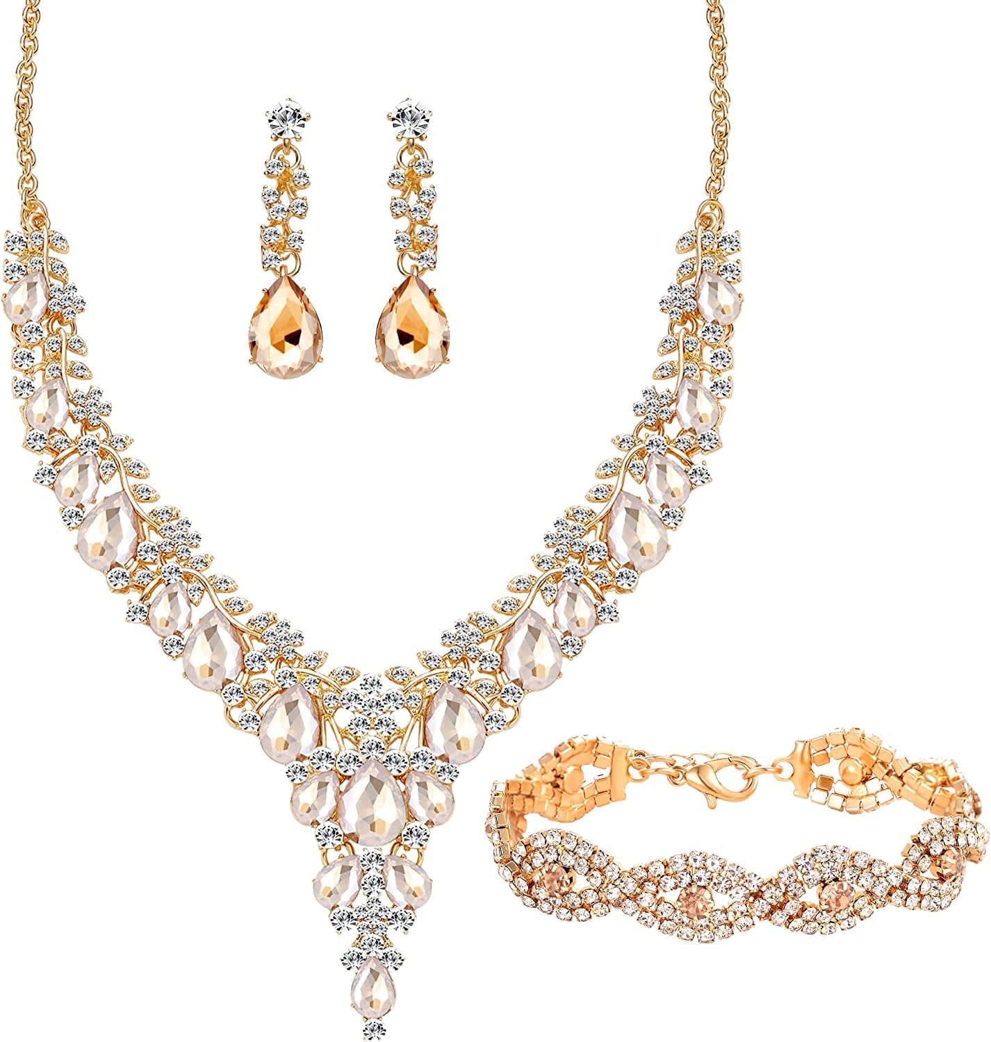 3/4 Pieces Women Wedding Bridal Crystal Tiara Crown Teardrop Statement Necklace Link Bracelet Dangle Earrings Rhinestone Handbag Jewelry Set for Women Girls Gold Plating Rhinestone Champagne Crystal Necklace Bracelet Earrings