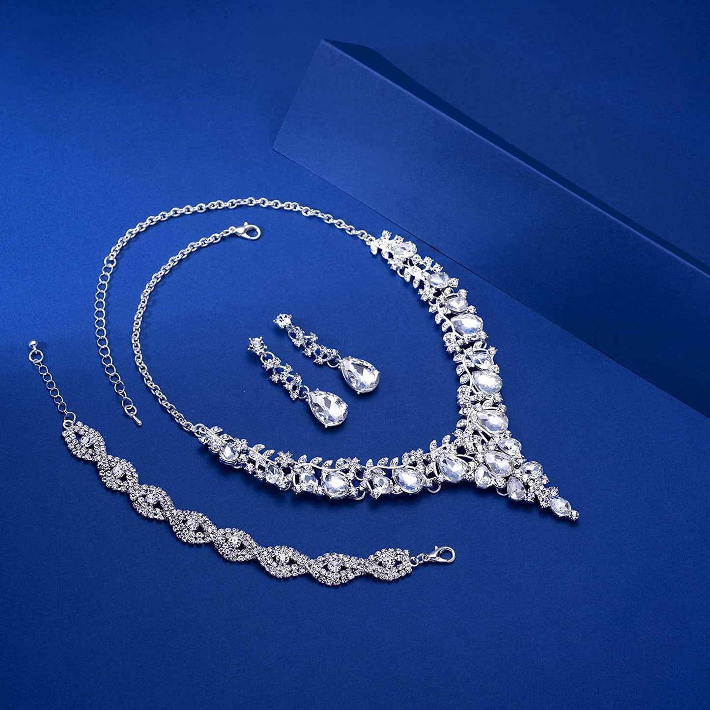 3/4 Pieces Women Wedding Bridal Crystal Tiara Crown Teardrop Statement Necklace Link Bracelet Dangle Earrings Rhinestone Handbag Jewelry Set for Women Girls