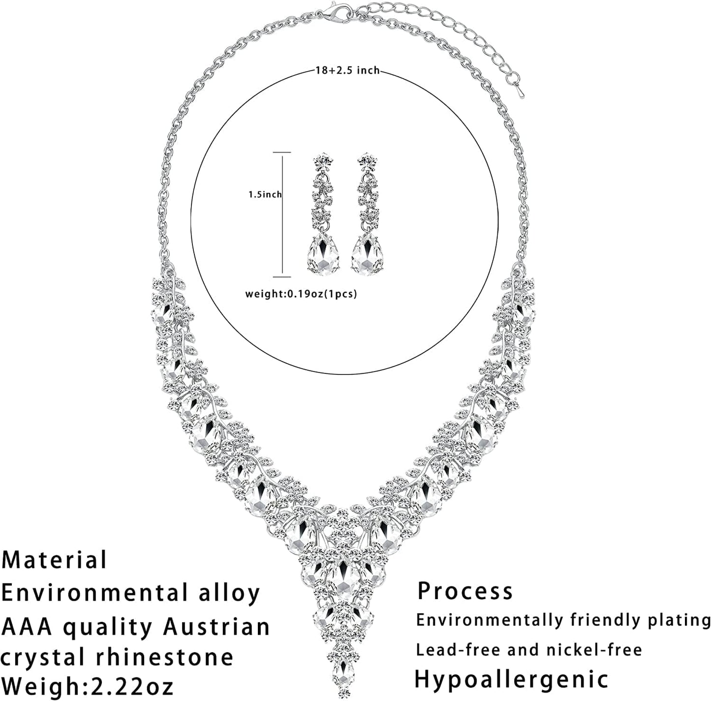3/4 Pieces Women Wedding Bridal Crystal Tiara Crown Teardrop Statement Necklace Link Bracelet Dangle Earrings Rhinestone Handbag Jewelry Set for Women Girls