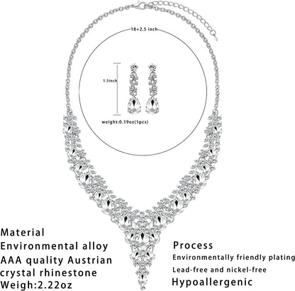 3/4 Pieces Women Wedding Bridal Crystal Tiara Crown Teardrop Statement Necklace Link Bracelet Dangle Earrings Rhinestone Handbag Jewelry Set for Women Girls