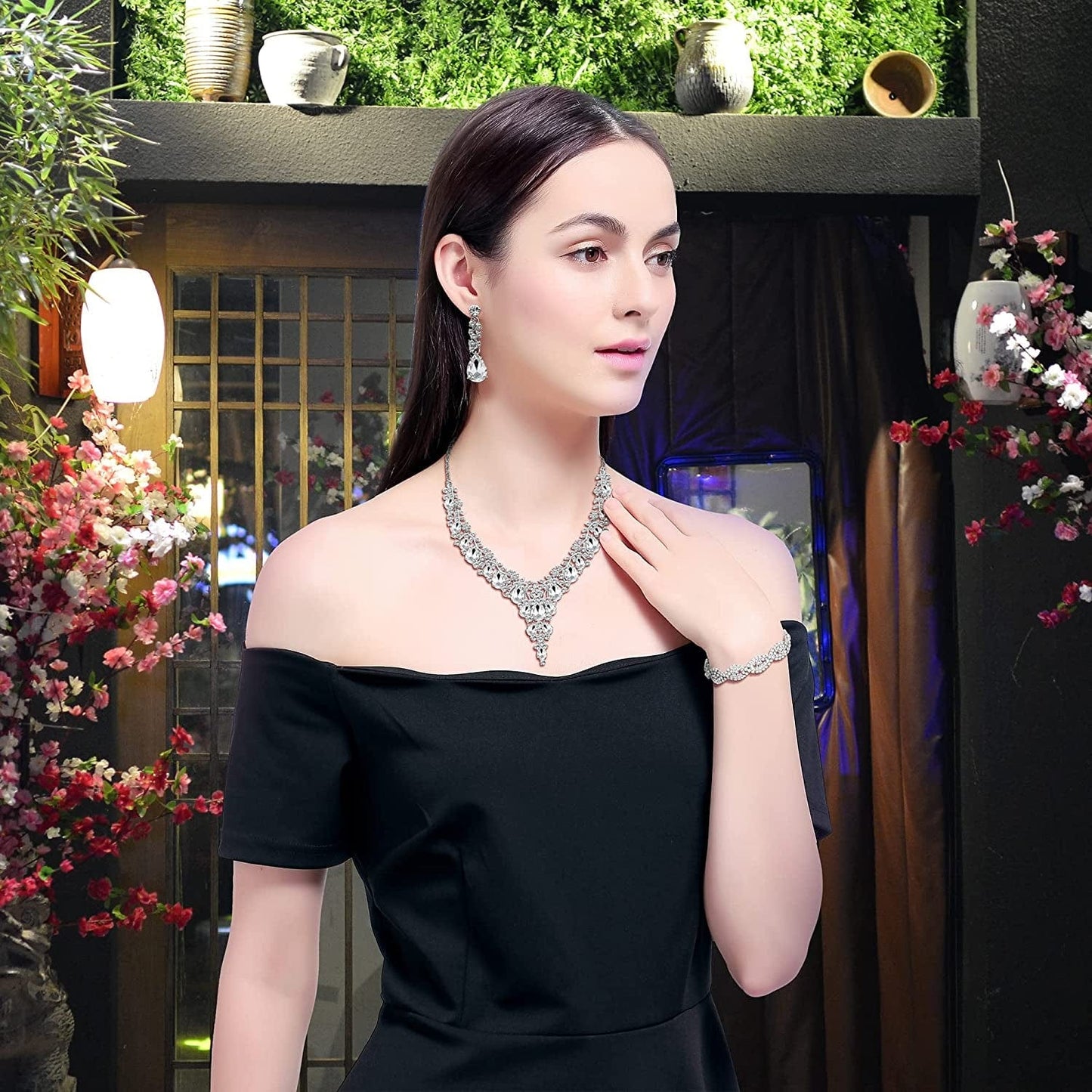 3/4 Pieces Women Wedding Bridal Crystal Tiara Crown Teardrop Statement Necklace Link Bracelet Dangle Earrings Rhinestone Handbag Jewelry Set for Women Girls