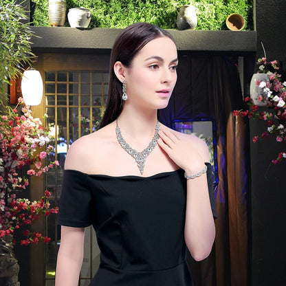 3/4 Pieces Women Wedding Bridal Crystal Tiara Crown Teardrop Statement Necklace Link Bracelet Dangle Earrings Rhinestone Handbag Jewelry Set for Women Girls