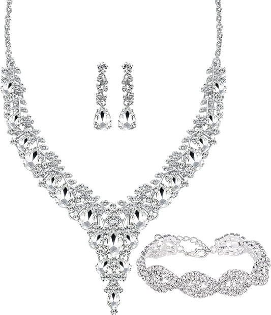 3/4 Pieces Women Wedding Bridal Crystal Tiara Crown Teardrop Statement Necklace Link Bracelet Dangle Earrings Rhinestone Handbag Jewelry Set for Women Girls Silver Plating Necklace Bracelet Earrings