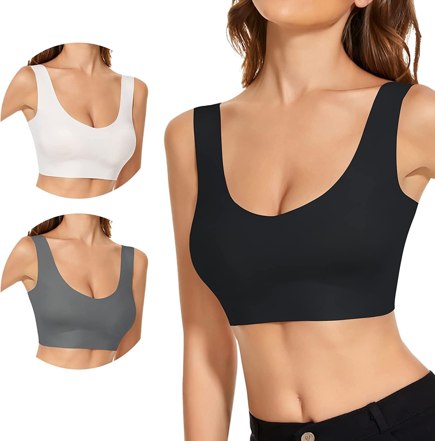3 Pack Comfort Wirless Bras for Women Seamless Bralettes Lightly Lined Tank Top Support Sports Bra 3 Pack Black White Grey / Small