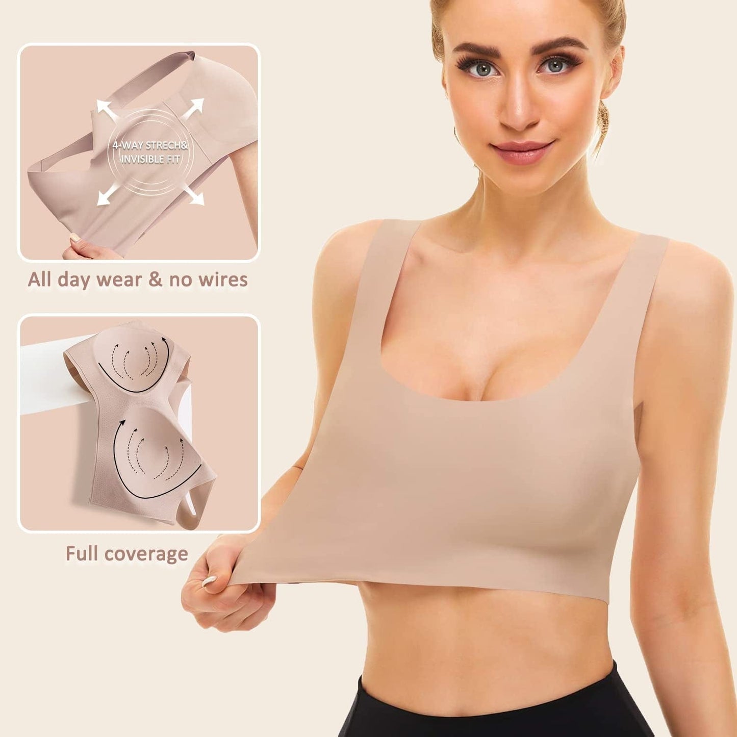 3 Pack Comfort Wirless Bras for Women Seamless Bralettes Lightly Lined Tank Top Support Sports Bra