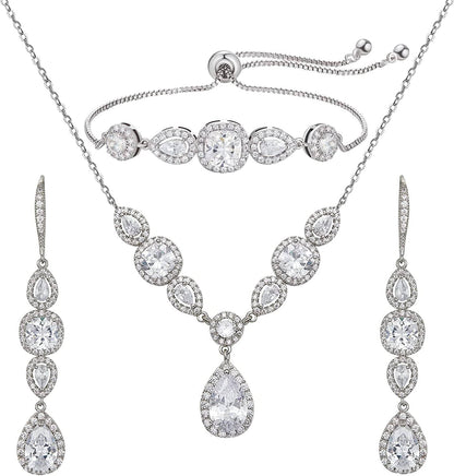 3 Pack Cubic Zirconia Bridal Jewelry Sets for Wedding, Crystal Necklace Dangle Earring Bracelet Jewelry Sets for Women, Prom Costume Jewelry Gifts 01.Silver